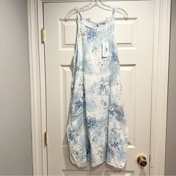 Lungo L’arno MEDIUM 100% Linen Sleeveless Midi Dress Floral A-Line Pockets NWT - Picture 3 of 12